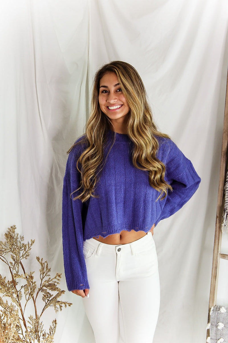  Blue Distressed Hem Ribbed Sweater - Shop Kendry Collection Boutique