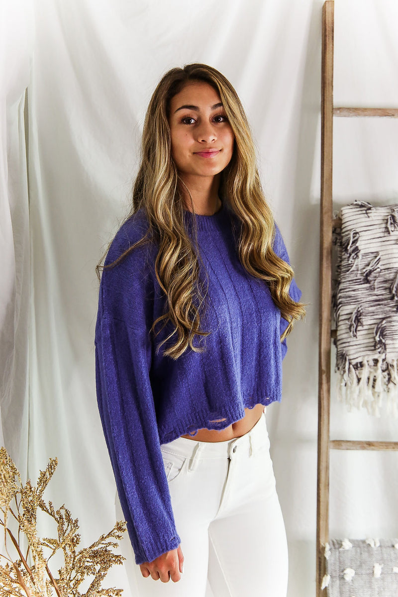  Blue Distressed Hem Ribbed Sweater - Shop Kendry Collection Boutique