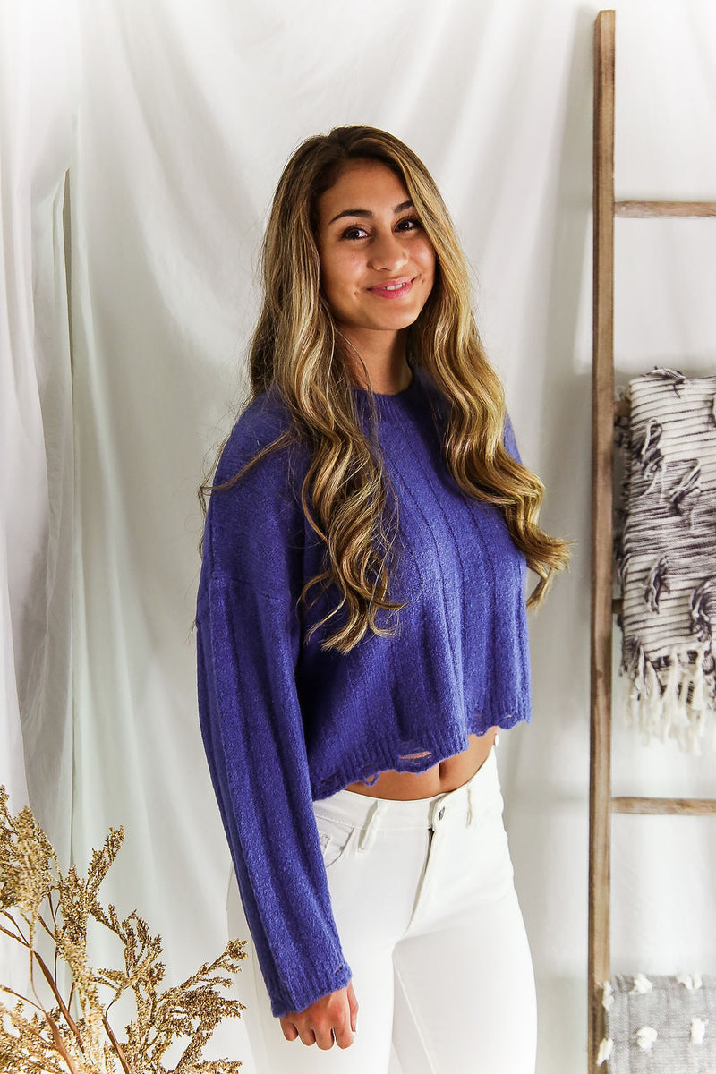  Blue Distressed Hem Ribbed Sweater - Shop Kendry Collection Boutique
