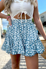 Blue Floral Ruffle Mini Skirt