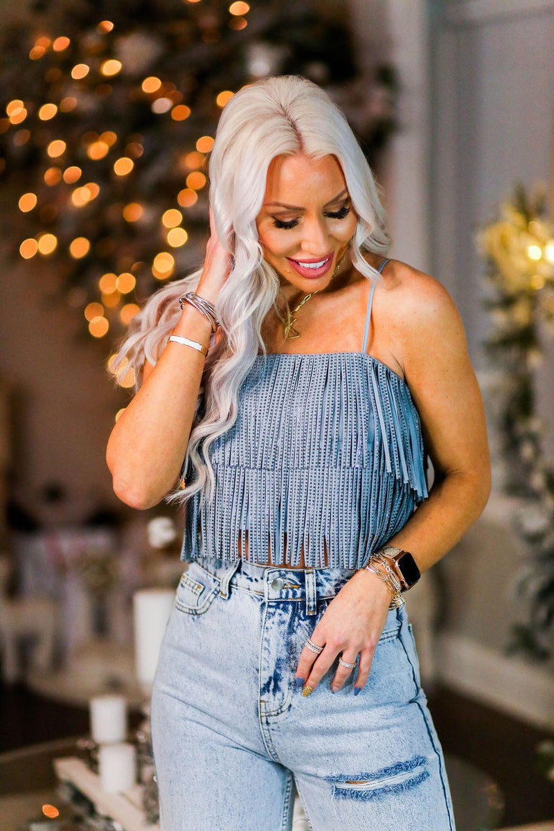 Blue Metallic Fringe Crop Top - Shop Cute New Years Tops At Kendry Collection Boutique