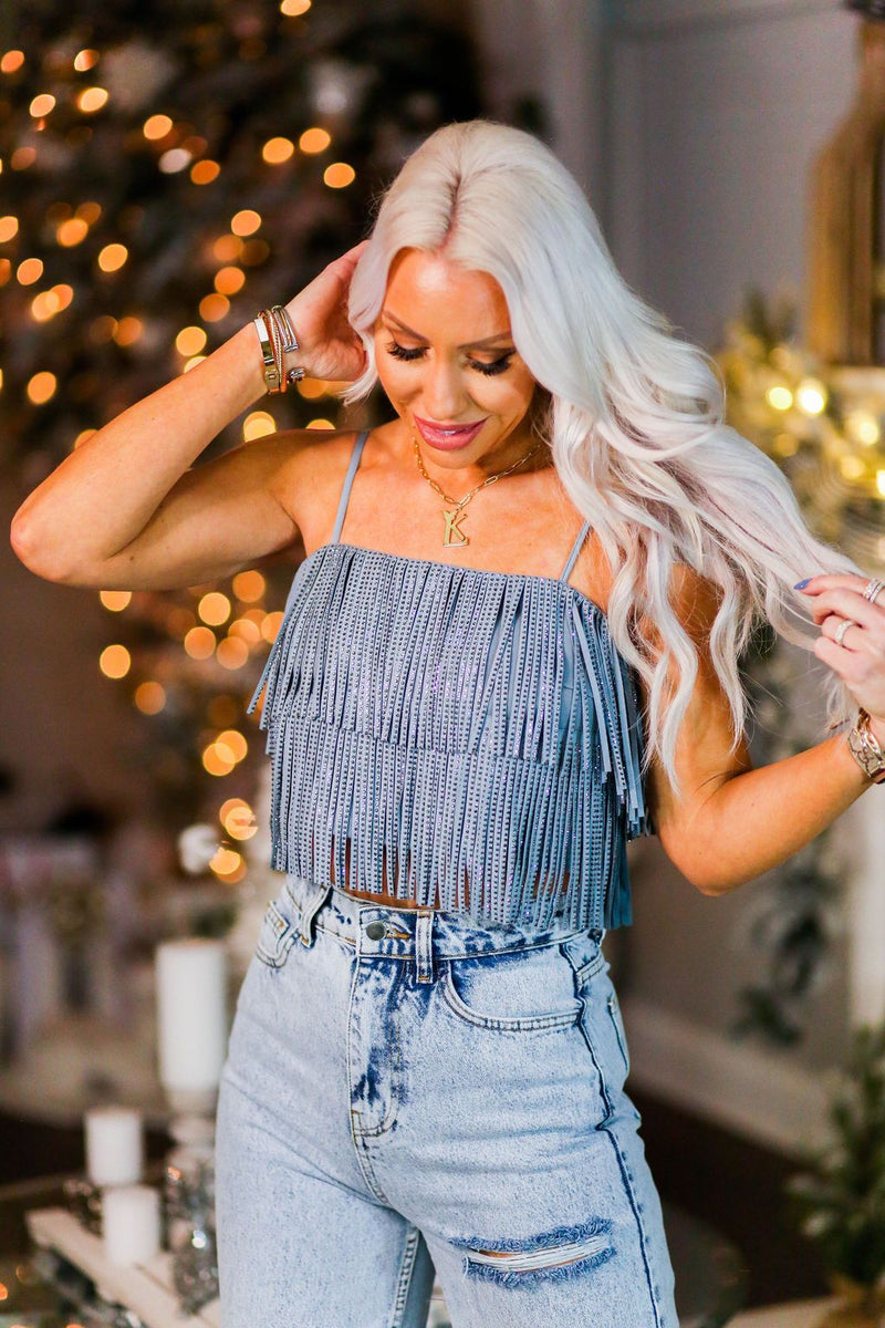 Celebrity uanset Tap Blue Metallic Fringe Crop Top - Kendry Collection Boutique