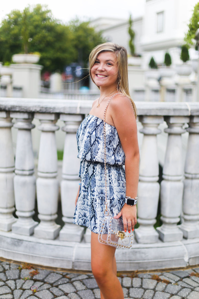 Blue Snake Skin Strapless Romper - Shop Cute Game Day Outfits Online At Kendry Collection Boutique