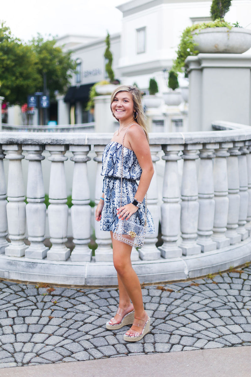Blue Snake Skin Strapless Romper - Shop Cute Game Day Outfits Online At Kendry Collection Boutique