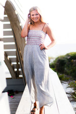 Blue Striped Smocked Jumpsuit