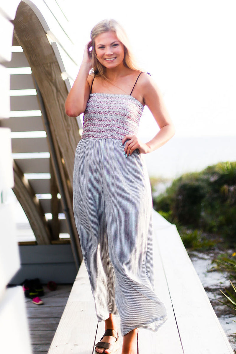 Blue Striped Smocked Jumpsuit
