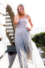 Blue Striped Smocked Jumpsuit