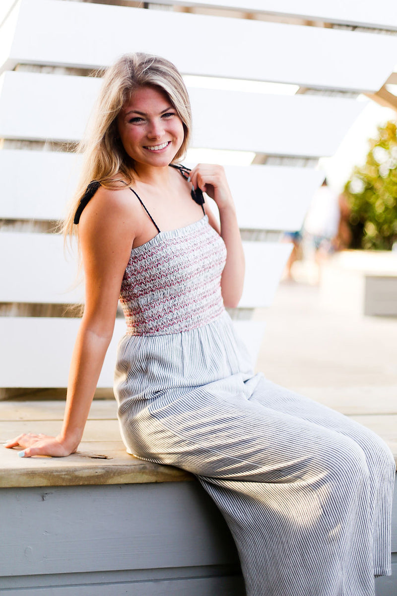 Blue Striped Smocked Jumpsuit
