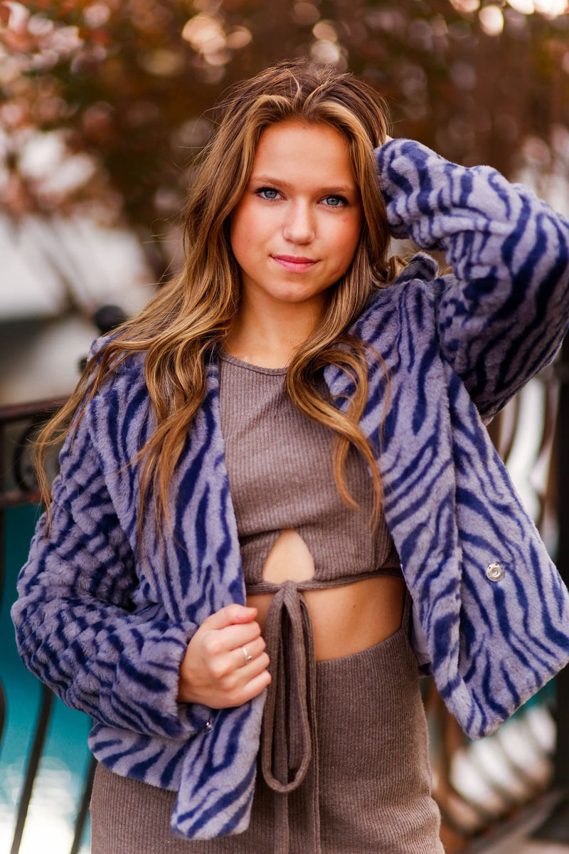Blue Zebra Faux Fur Pea Coat - Shop Kendry Collection Boutique