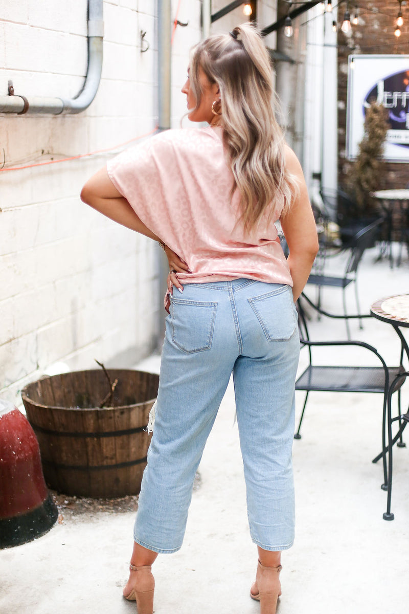 Blush Pink Leopard Silk One Shoulder Top - Kendry Collection Boutique