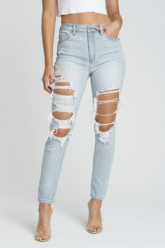 Bonus Points Distressed Girlfriend Jeans - Light Wash