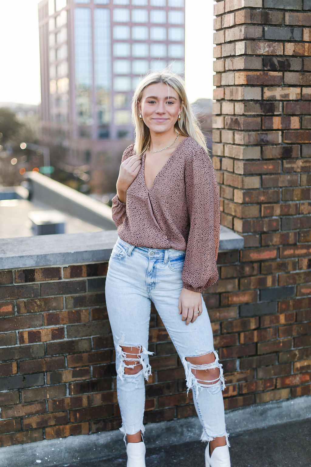 Brown Surplice Polka Dot V-Neck Top - Shop Kendry Collection Boutique