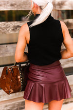 Burgundy Faux Leather Asymmetrical Ruffle Mini Skort- Shop Kendry Collection Boutique 