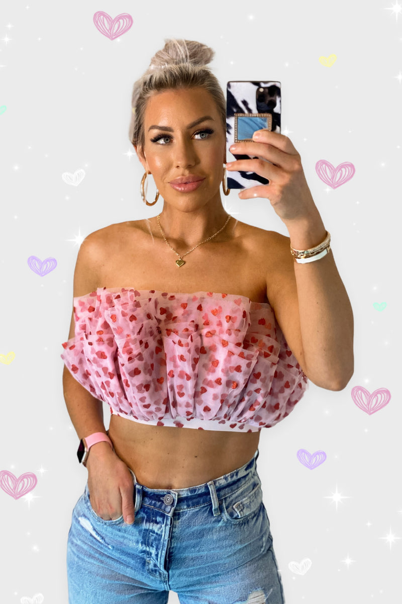 Pink Hearts Tule Ruffle Tube Top