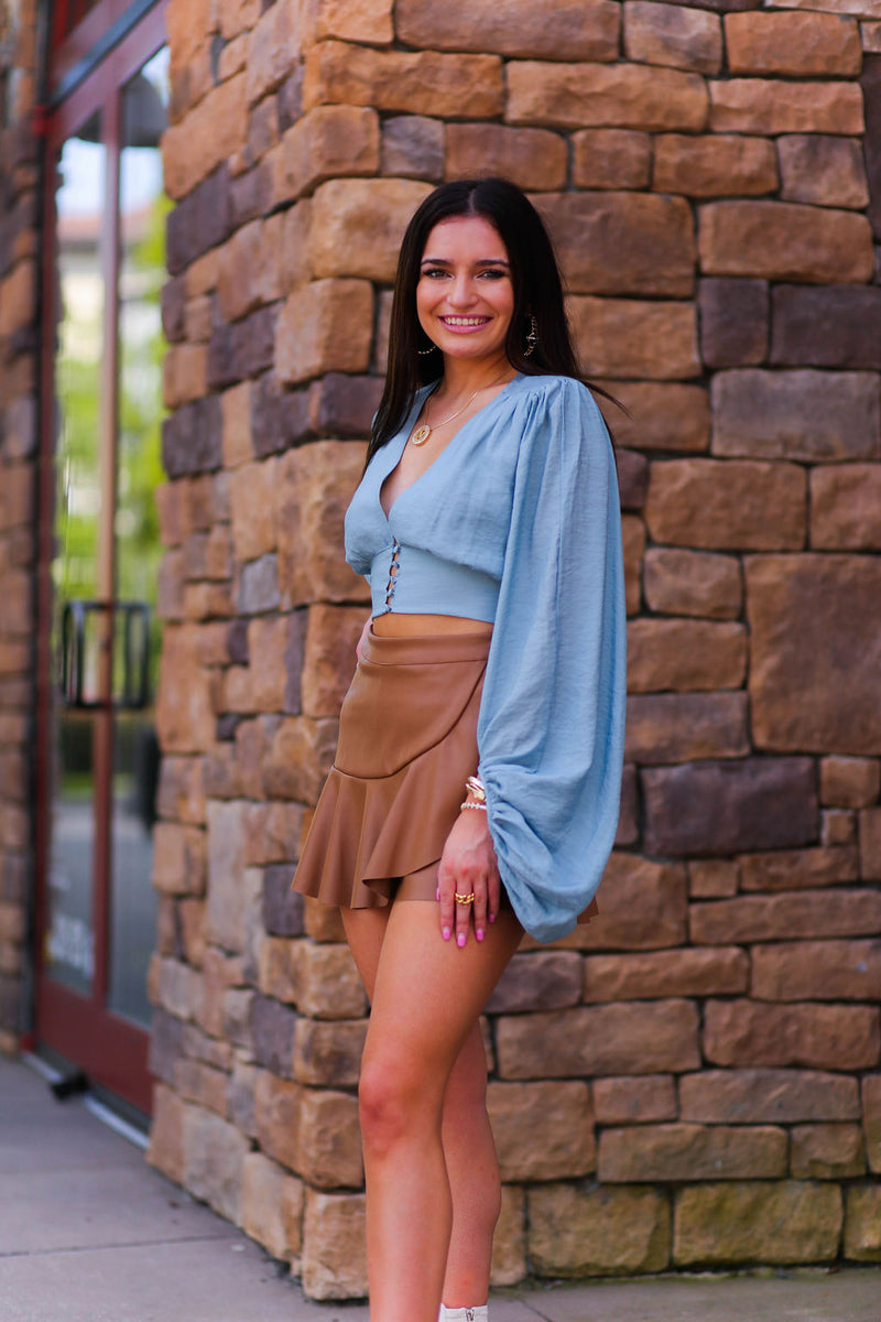 Camel Faux Leather Asymmetrical Ruffle Mini Skort - Shop Kendry Collection Boutique 