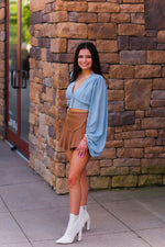 Camel Faux Leather Asymmetrical Ruffle Mini Skort - Shop Kendry Collection Boutique 