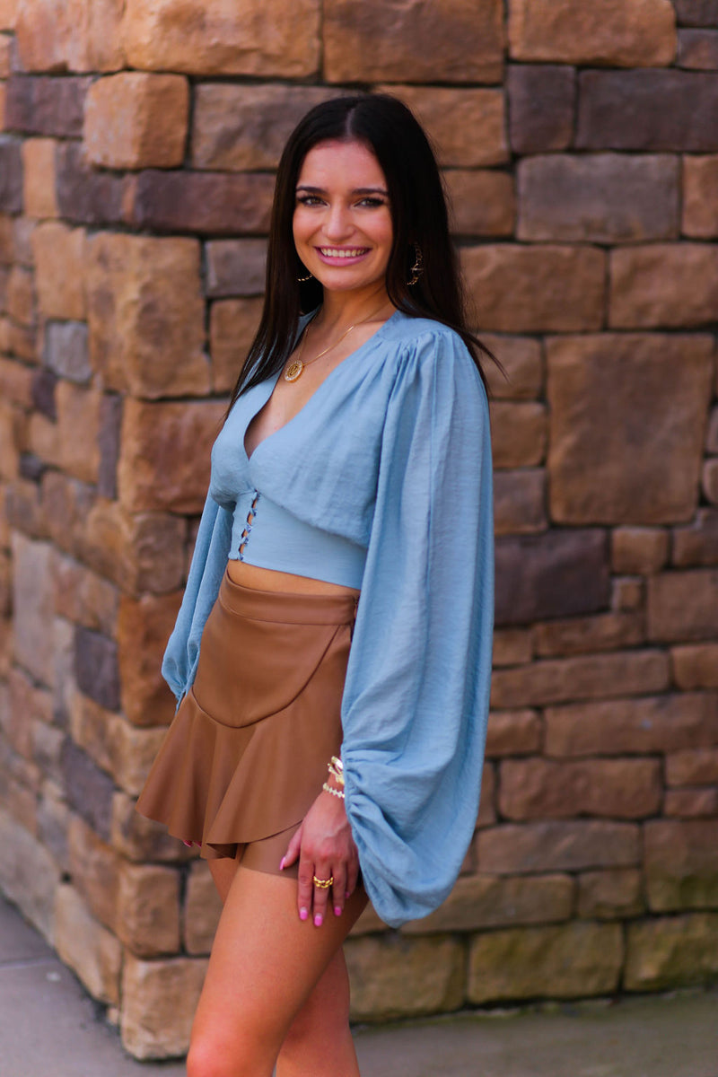 Camel Faux Leather Asymmetrical Ruffle Mini Skort - Shop Kendry Collection Boutique 