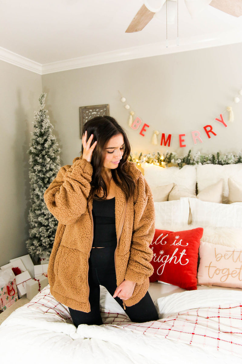 Camel Teddy Zip Up Jacket