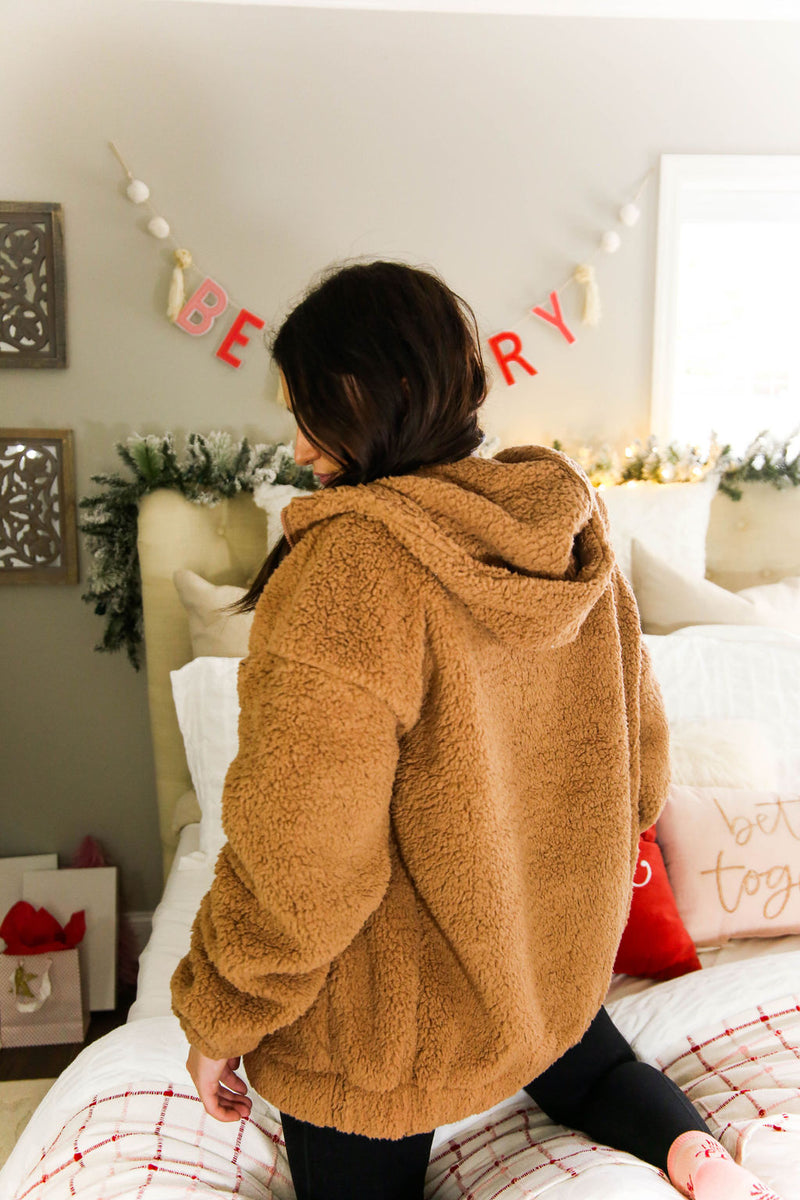Camel Teddy Zip Up Jacket