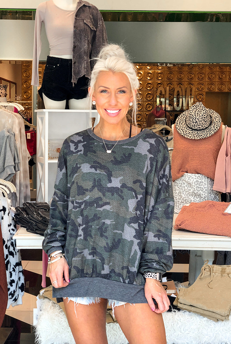 Camouflage Long Sleeve Waffle Top