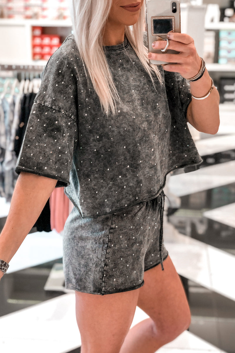 Charcoal Acid Wash Rhinestone Two Piece Set *RESTOCK*
