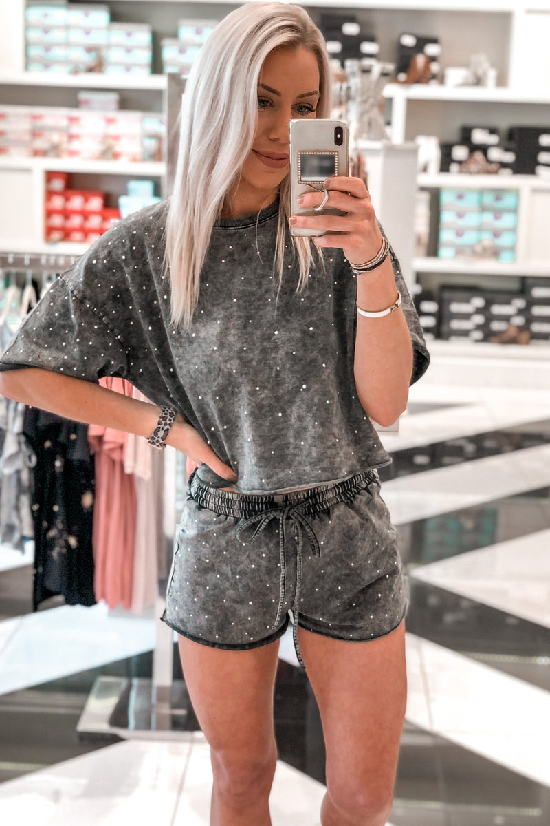 Charcoal Acid Wash Rhinestone Two Piece Set *RESTOCK*