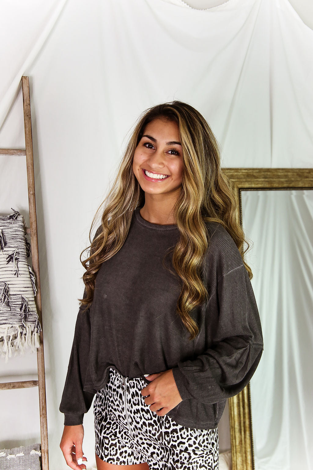 Charcoal Long Sleeve High Low Waffle Top - Shop Kendry Collection Boutique