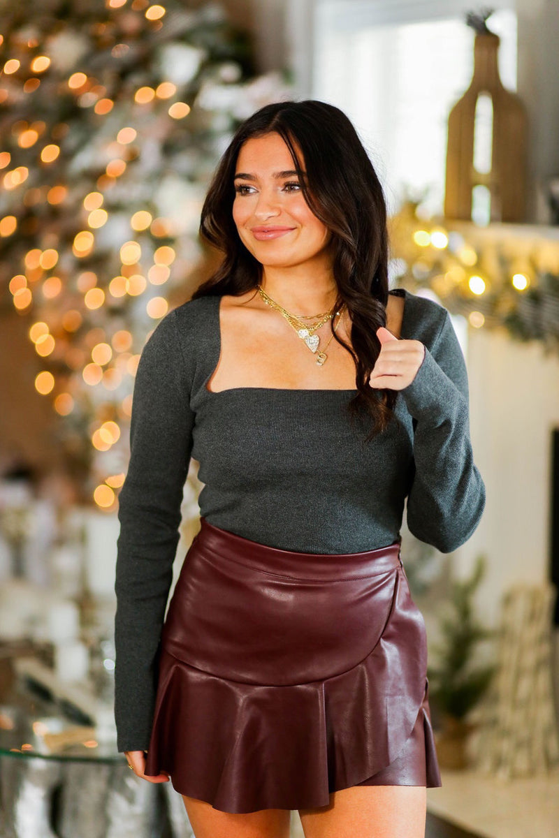 Charcoal Square Neck Open Back Knit Sweater - Kendry Collection Boutique