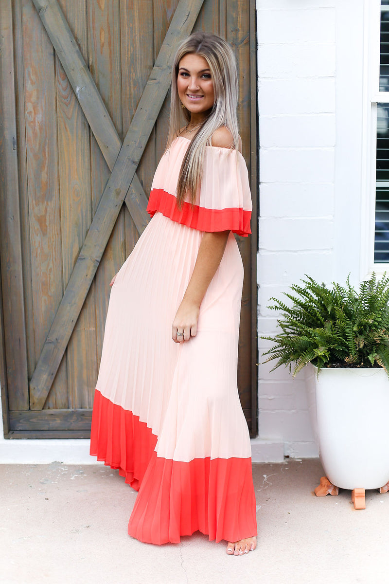 Color Block Pleated Off The Shoulder Maxi Dress - Shop Kendry Collection Boutique