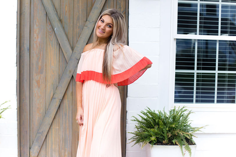 Color Block Pleated Off The Shoulder Maxi Dress - Shop Kendry Collection Boutique