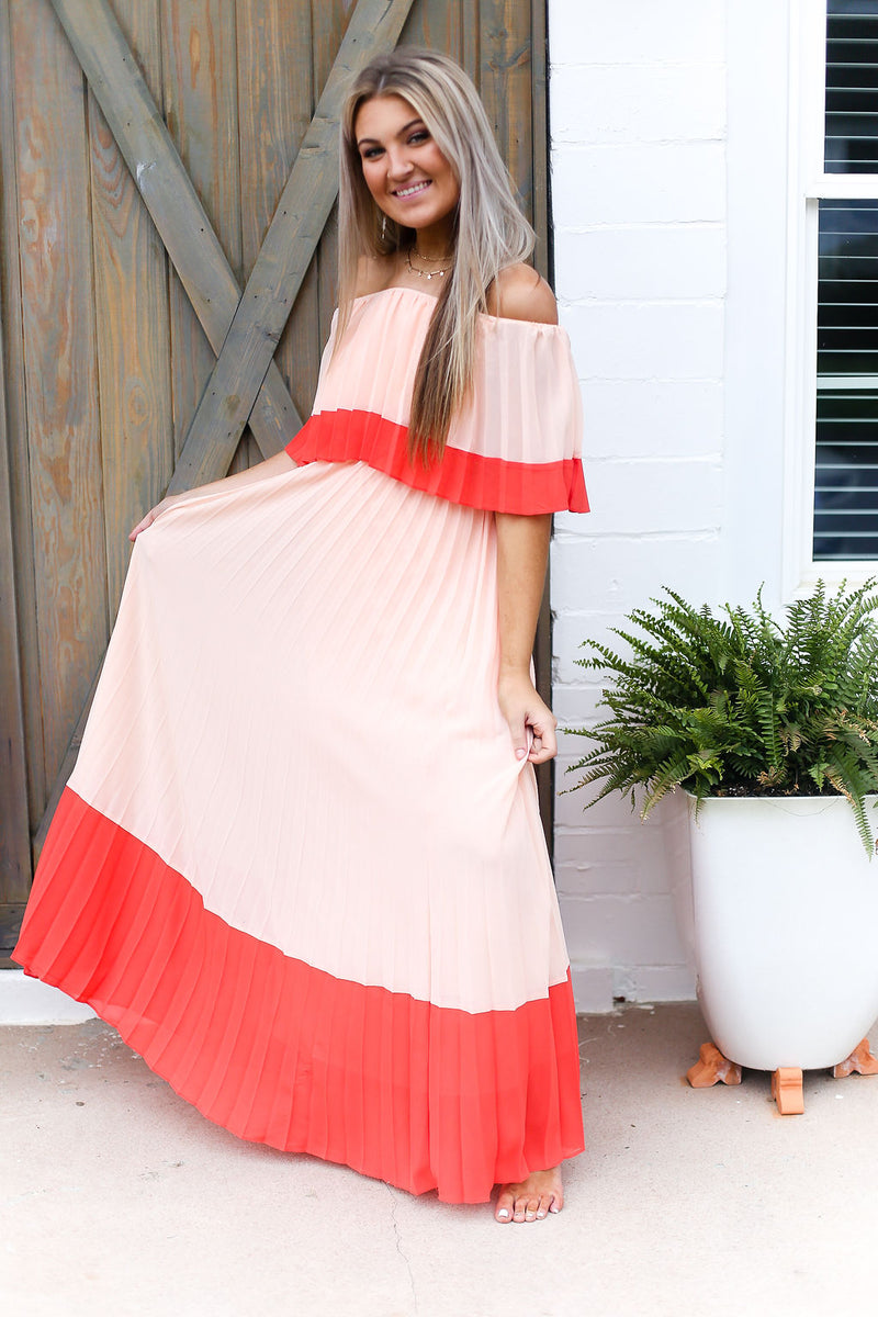 Color Block Pleated Off The Shoulder Maxi Dress - Shop Kendry Collection Boutique