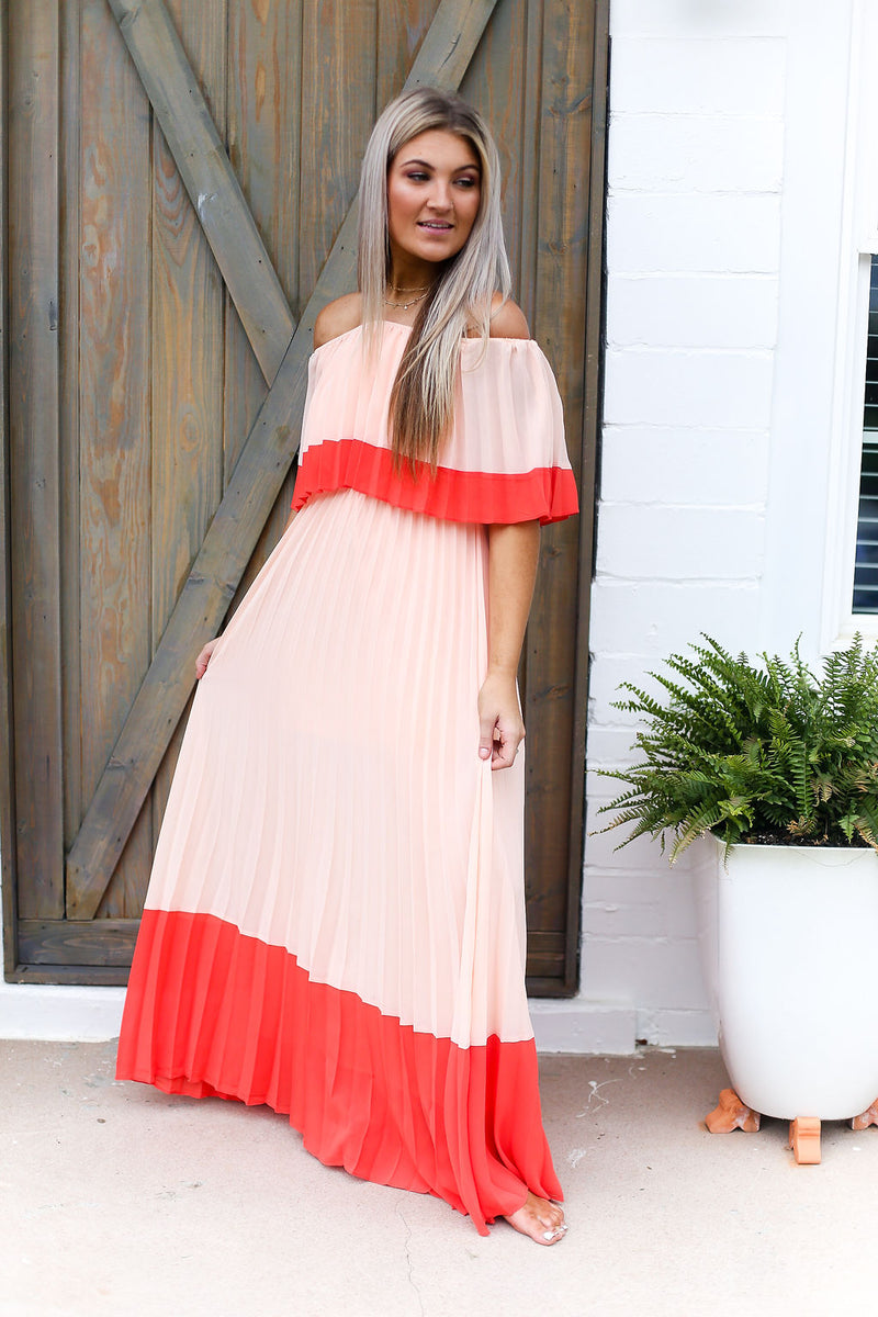 Color Block Pleated Off The Shoulder Maxi Dress - Shop Kendry Collection Boutique