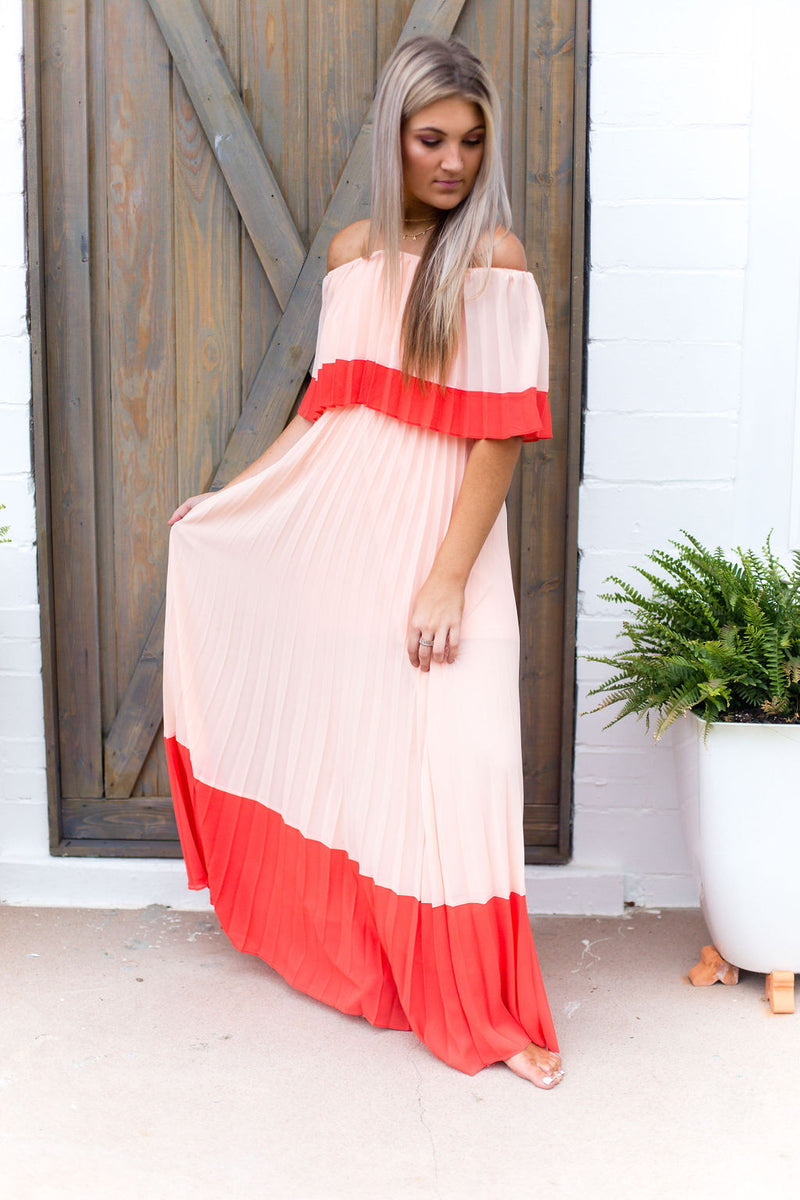 Color Block Pleated Off The Shoulder Maxi Dress - Shop Kendry Collection Boutique