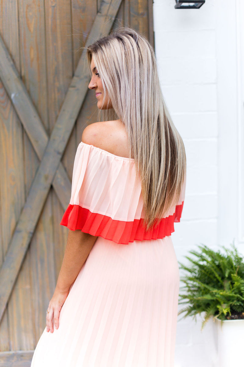 Just Peachy Pleated Off The Shoulder Maxi Dress
