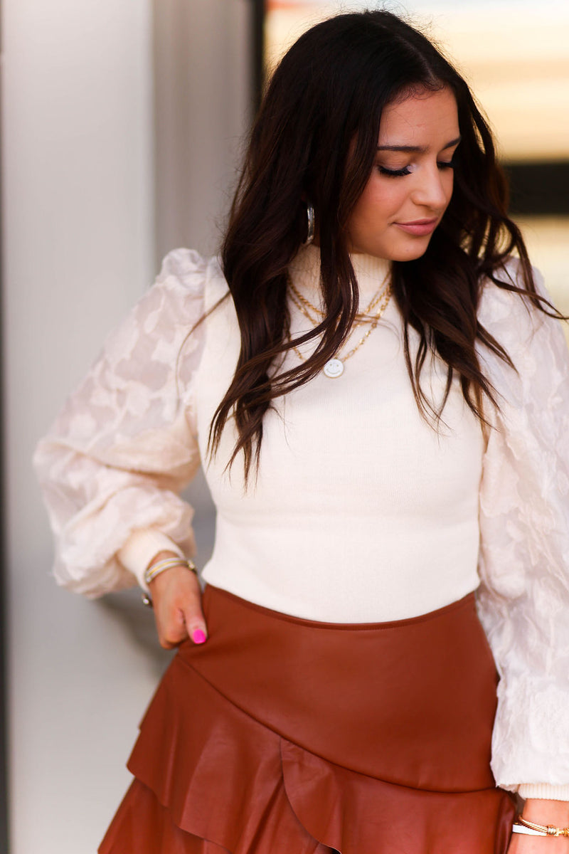 Cream Floral Puff Sleeve Fitted Blouse - Kendry Collection Boutique