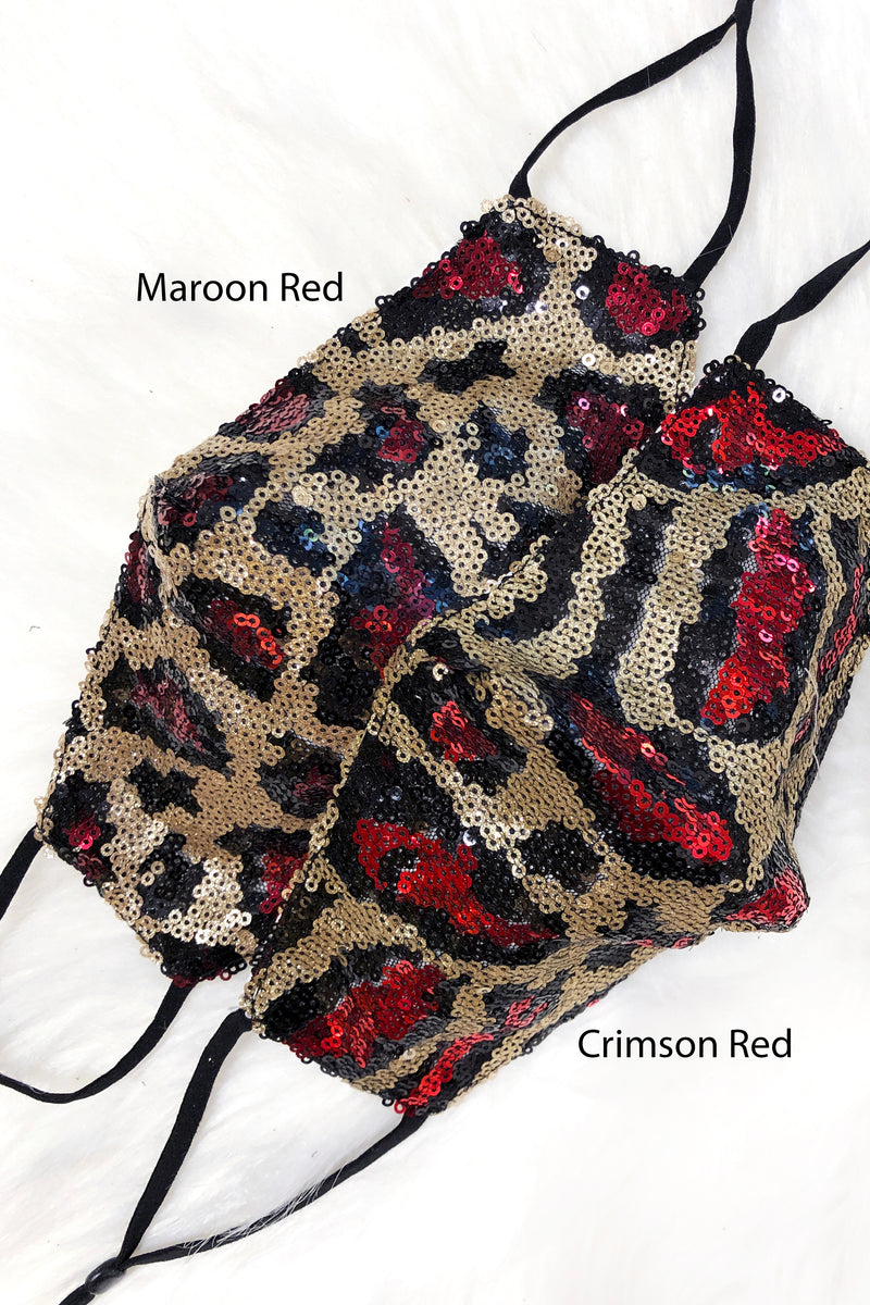 Crimson Red Leopard Sequin Face Mask - Shop Kendry Collection Boutique