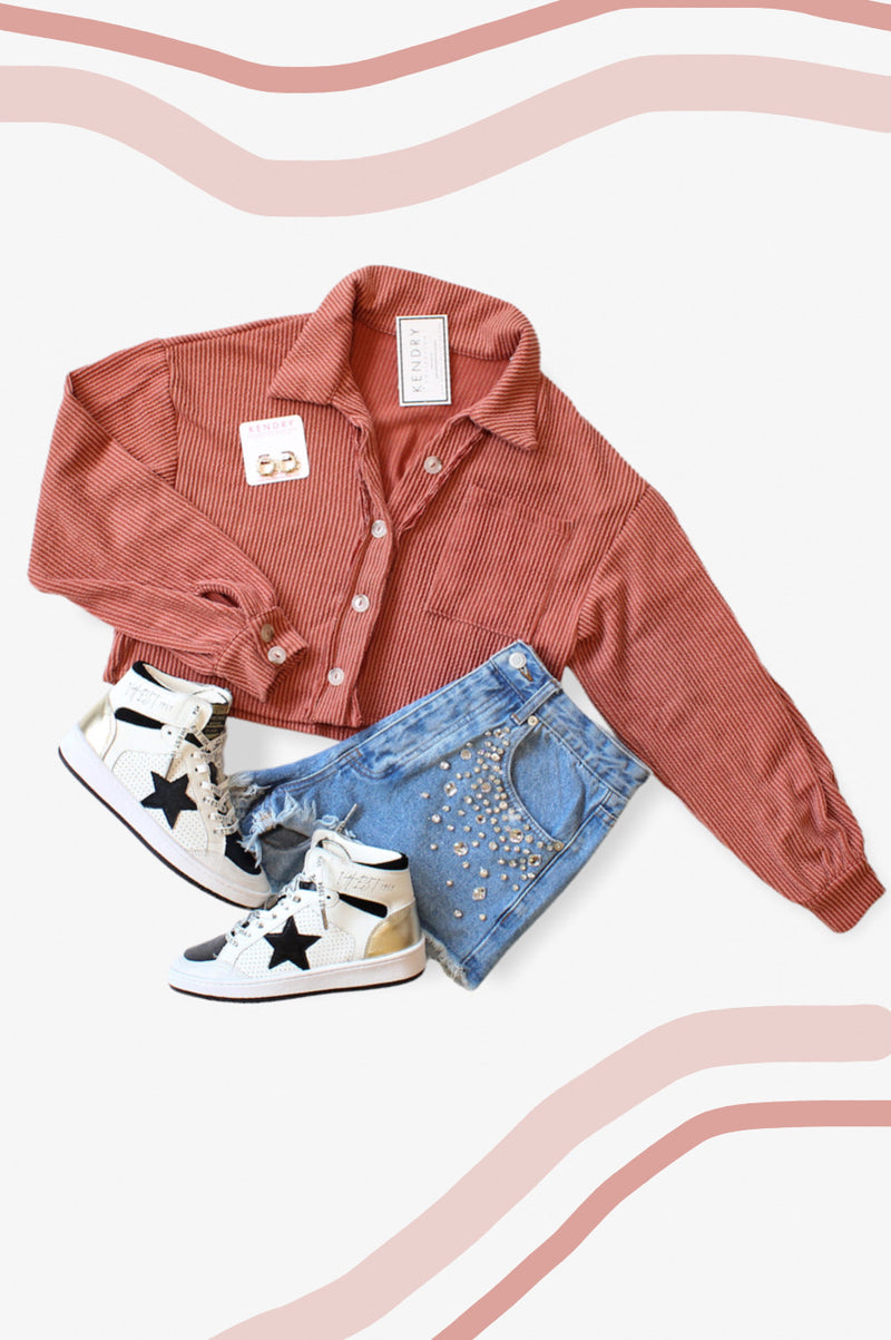 Rust Ribbed Cropped Shacket