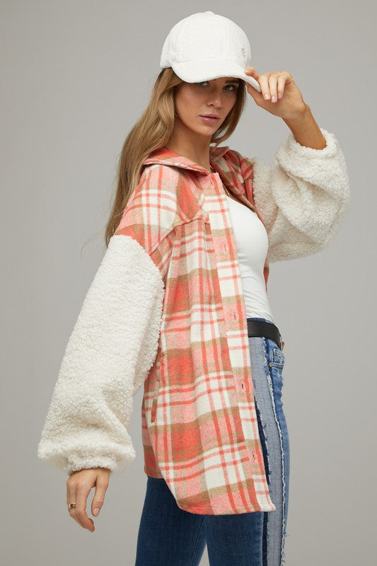 Orange Plaid Button Down With Sherpa Sleeves