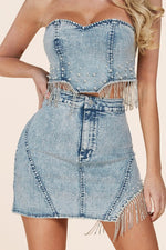 Denim Rhinestone and Pearl Tube Top