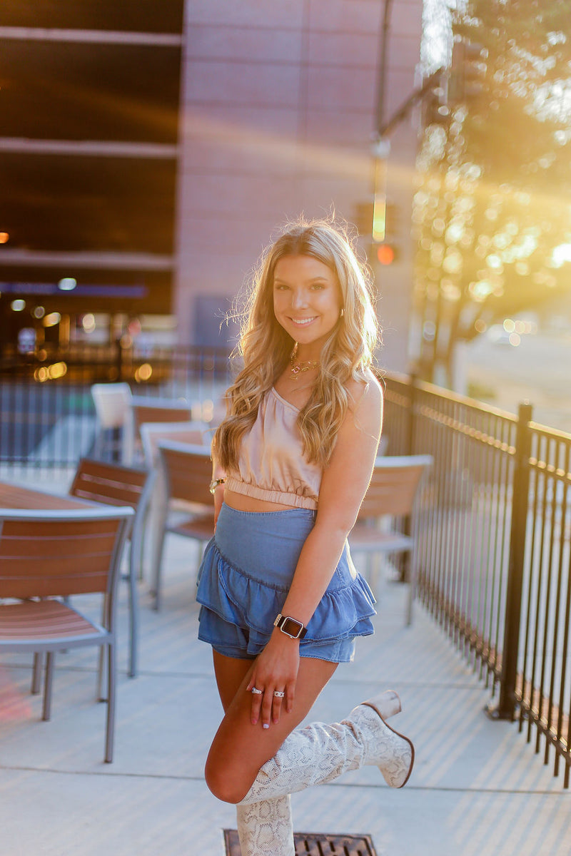 Denim Ruffle Mini Skort - Shop Kendry Collection Boutique