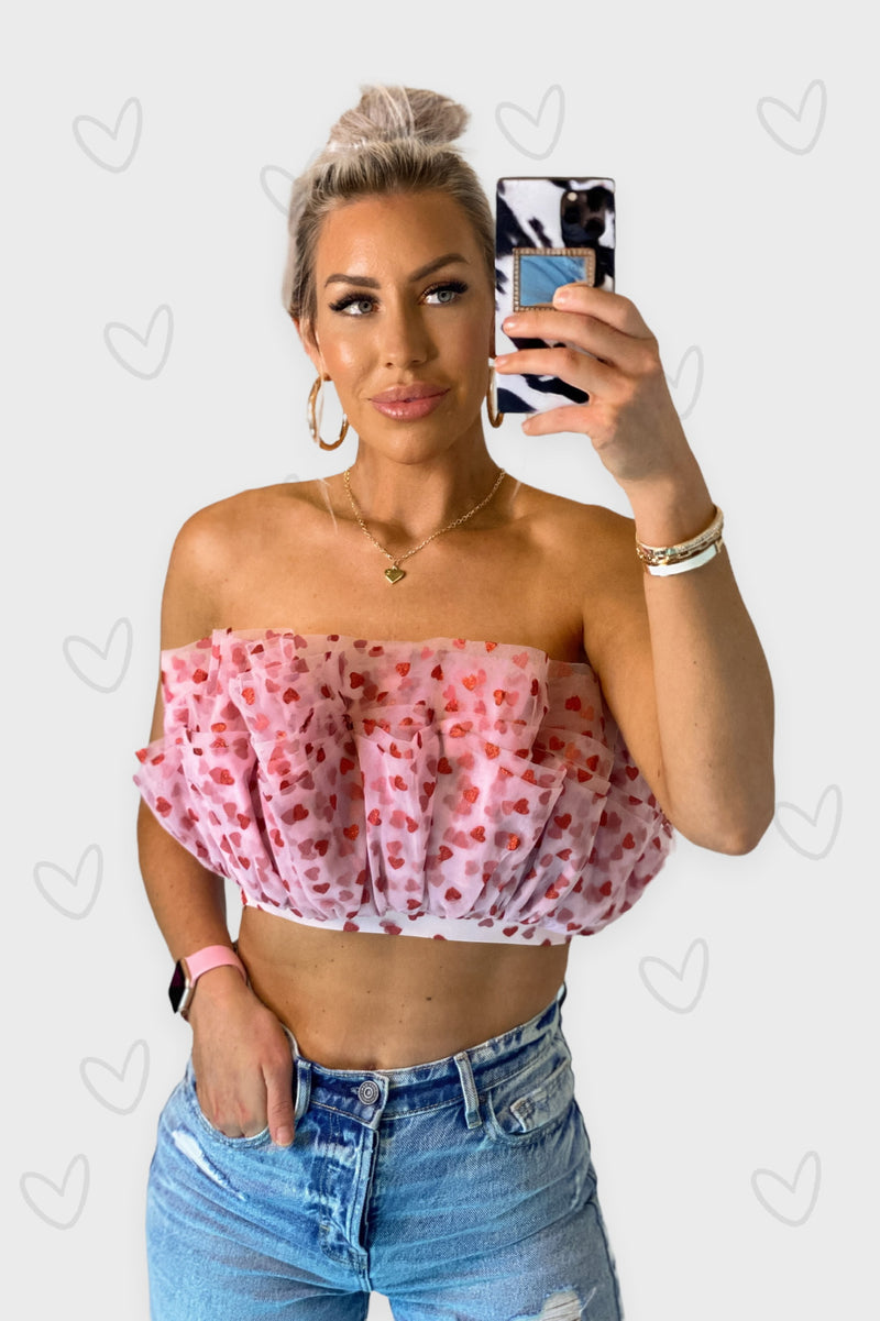 Pink Hearts Tule Ruffle Tube Top