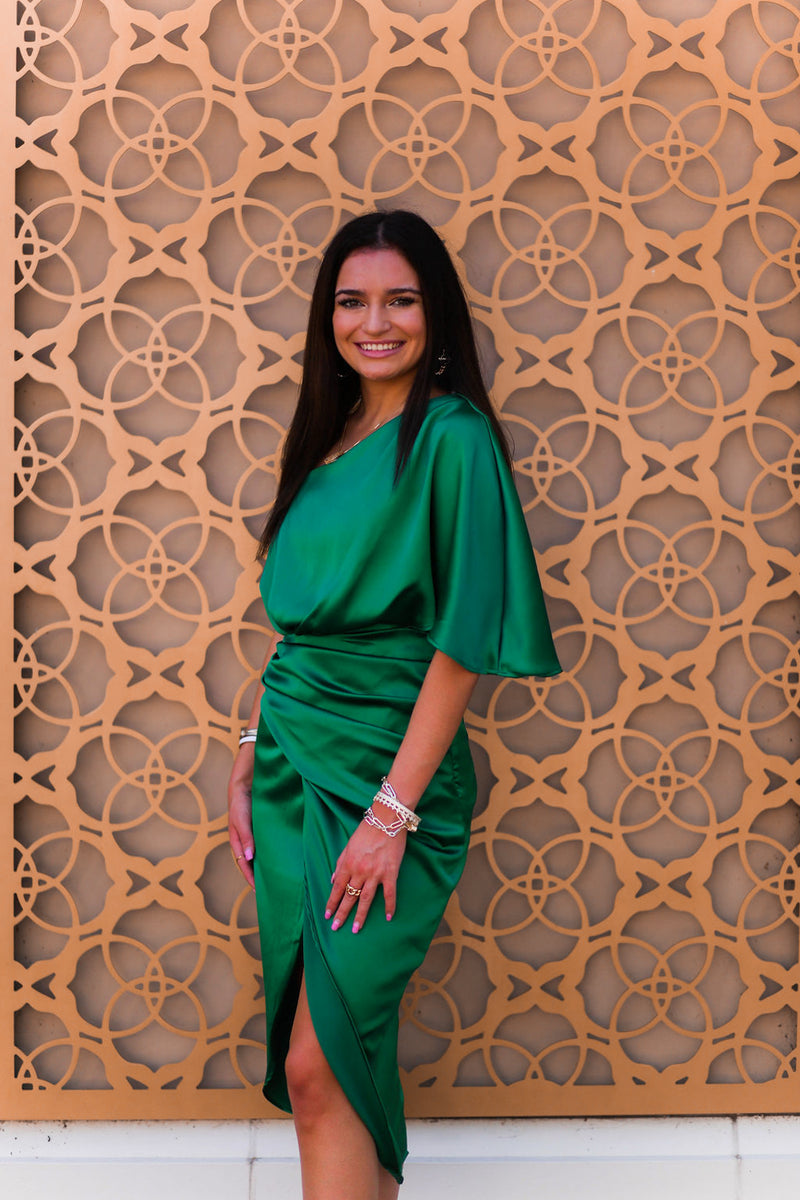 Emerald Green Satin One Shoulder Midi Dress