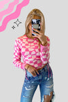 Pink Checkered Long Sleeve Knit Top