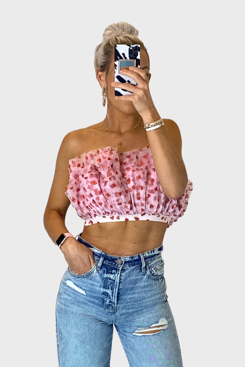Pink Hearts Tule Ruffle Tube Top