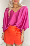 Fuchsia V-Neck Satin Blouse
