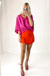 Fuchsia V-Neck Satin Blouse