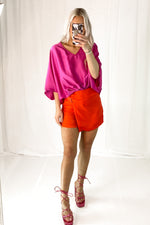 Fuchsia V-Neck Satin Blouse