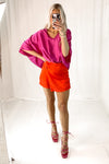 Fuchsia V-Neck Satin Blouse