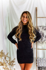 Fuzzy Black Long Sleeve Sweater Mini Dress- Shop Kendry Collection