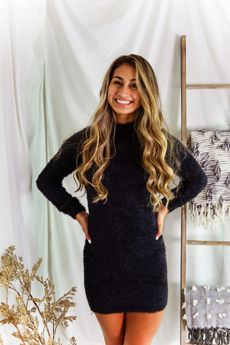 Fuzzy Black Long Sleeve Sweater Mini Dress- Shop Kendry Collection